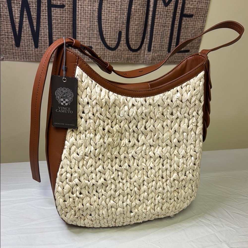 Vince Camuto Cream Woven and Brown Leather Shoulder Bag NWT